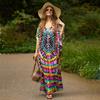 EDOLYNSA 2023 Boho Print Bikini Cover-ups Sexy Batwing Sleeve Maxi Dress Women Moroccan Kaftan Robe Beach Wear Swim Suit Cover Up Q1450