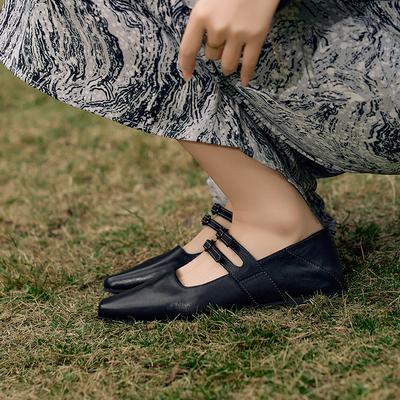 Мода 2025 Новые Женские Туфли Мэри Джейн из Натуральной Кожи Пряжки Модные Повседневные Квадратный Носок Весна Лето Черные Женские Балетки