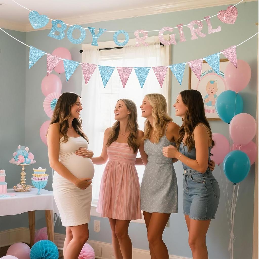 Boy or Girl Banner Gender Reveal Decorations, Pre-Strung Gold Glitter Baby Gender Reveal Decorations, No Diy He or She Party Decor for Girl Boy