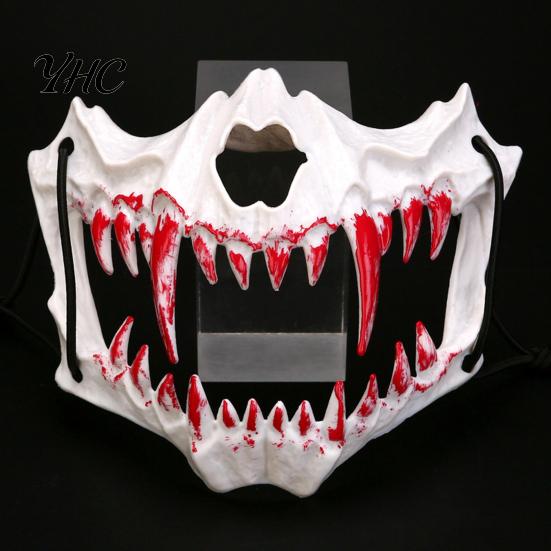 Mysterious Atmosphere Mask Half Face Horror Halloween Costume Props Animal Skeleton Blood Comfortable Fit with Elastic Straps for Cosplay Carnivals