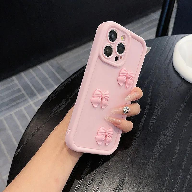 3D Розовый Милый Бантик Силиконовый Мягкий Чехол Для Телефона Для iPhone 17 16 15 14 11 Pro Max XS XR X 7 8 Plus Ударопрочный Бампер