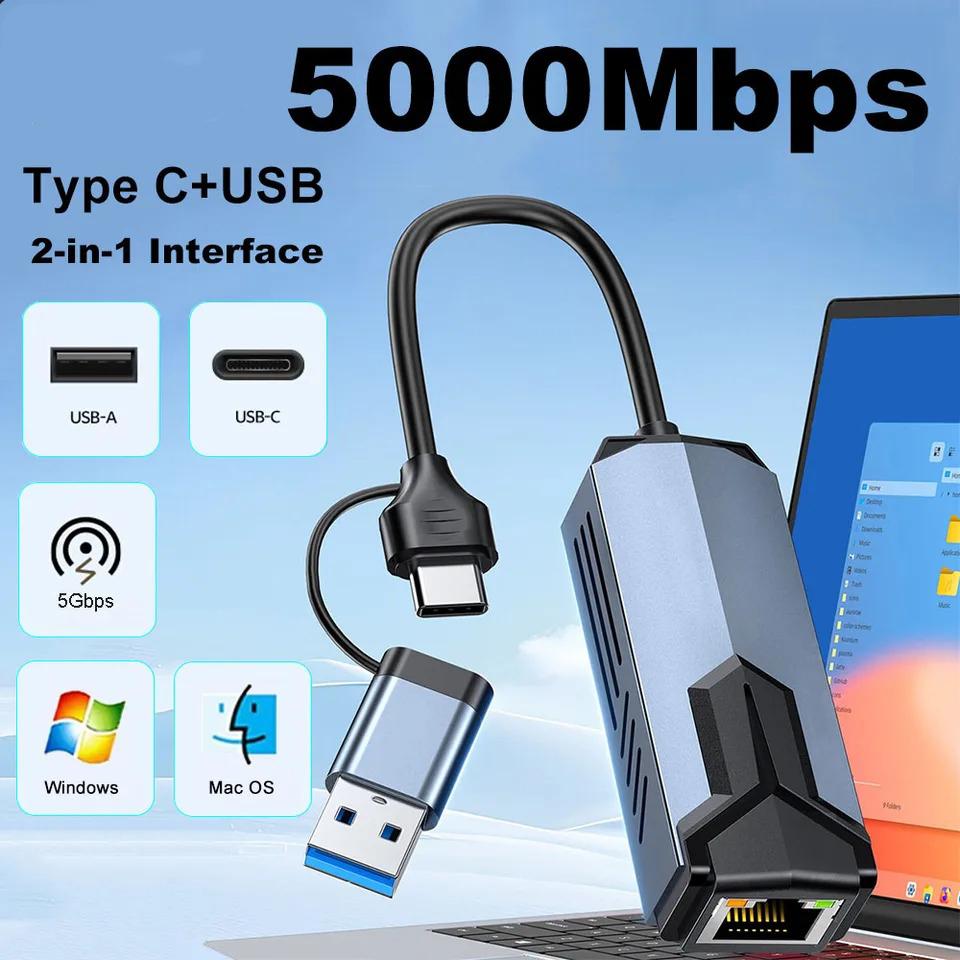 USB to Ethernet Adapter 5Gbps Type C (Thunderbolt 4/3 Compatible) to RJ45 Network Card Compatible for NAS Macbook Laptop