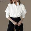 Women Classic Collar Loose Casual 3/4 Sleeve Plain Blouse