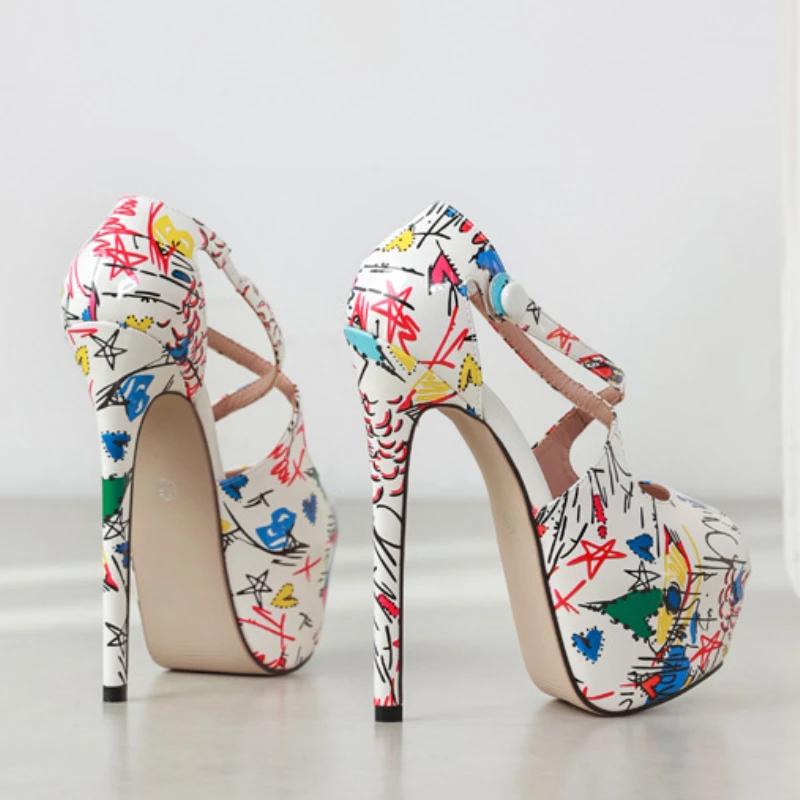 Дизайн бренда Туфли-лодочки на платформе из расписанной вручную кожи Женские Сексуальные с открытым носком 16 см Экстремально высокие каблуки-шпильки Вечерние банкетные туфли
