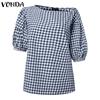 VONDA Женские летние клетчатые блузки с коротким рукавом и нестандартными плечами