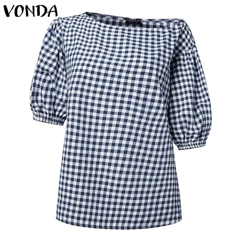 VONDA Женские летние клетчатые блузки с коротким рукавом и нестандартными плечами