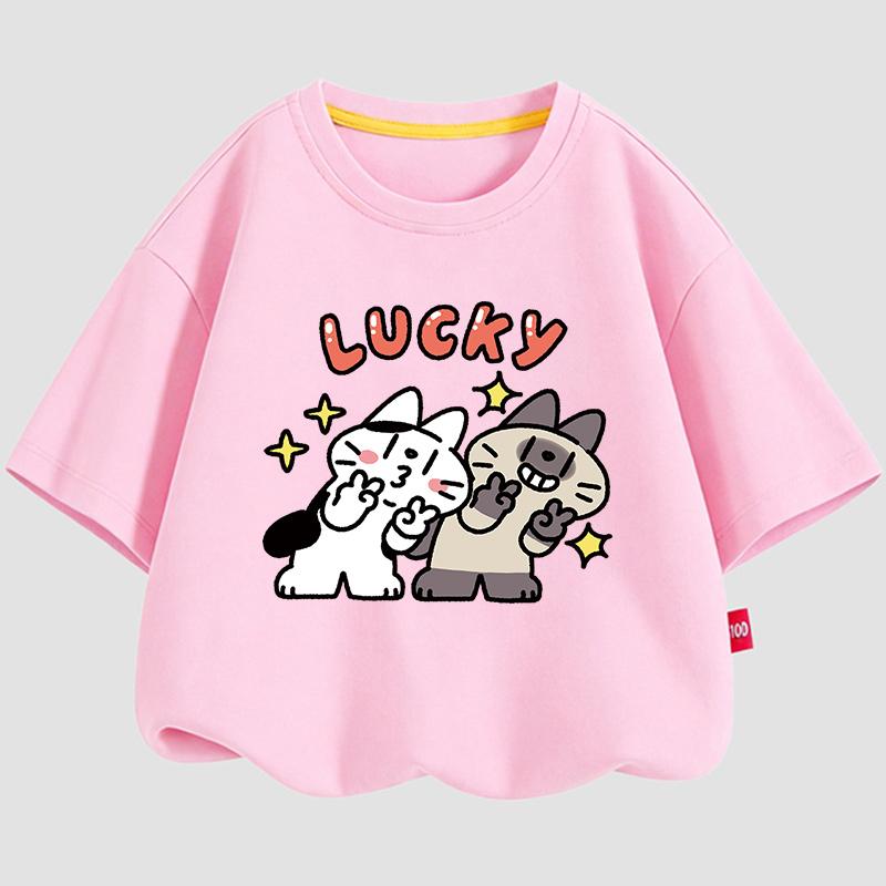 Lucky Cat Pattern Kids Short Sleeve TShirt 100 Cotton Fashion Daily Clothing Soft Children Tops for 310 Years Boys Girls