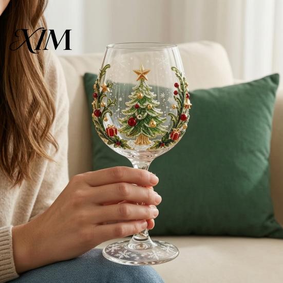 Snowman Pattern Goblet Christmas Stemmed Wine Glass, Snowman/SantaWreath/Elk/Christmas TreeHand Painted, Elegant Drinking Glass Creative Stemware for