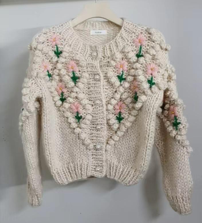 2023 Handmade Three-Dimensional Rose Pearl Button Cardigan for Women