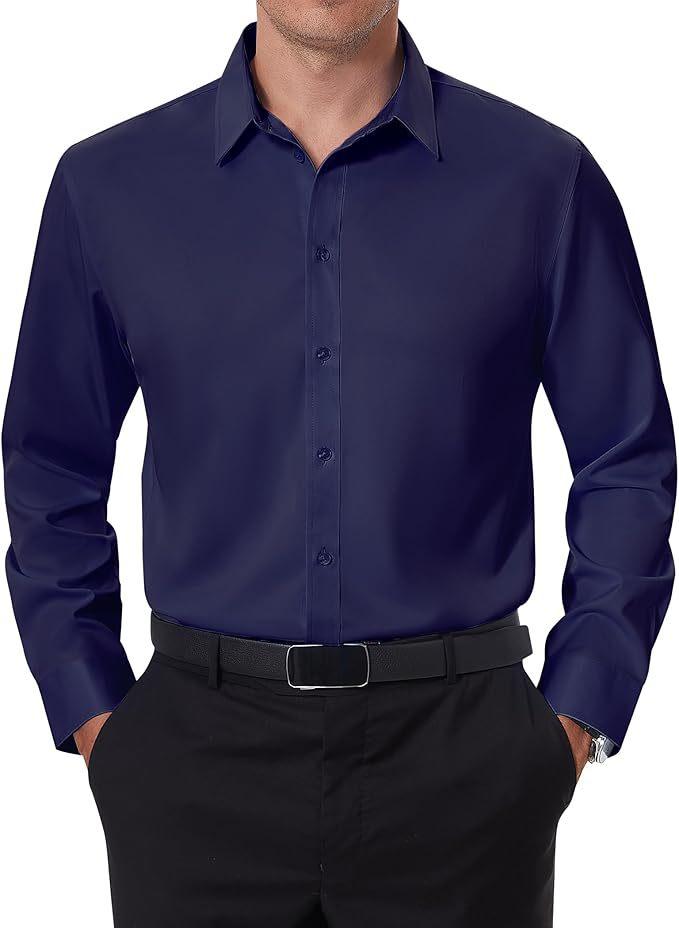 Мужская рубашка с четырехсторонней эластичностью business casual с пуговицами длинный рукав однотонная не требует глажки
