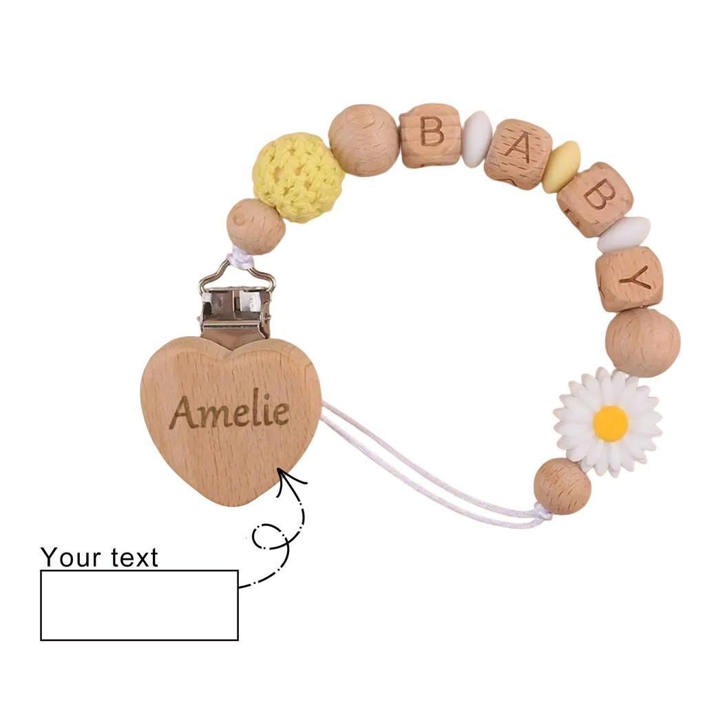 Персонализированная гравировка на зажиме для детской соски, цепочка для детской соски, зажим для персикового дерева из бука, цепочка для прорезывания зубов