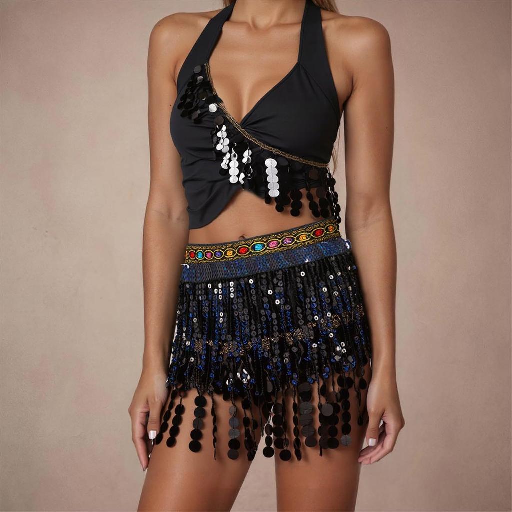 2 Pieces, Bra With Sequined Tassels, Fringed Top, Belly Dance Skirt, Carnival, Club, Costumes