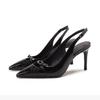Fashion 2025 New Summer Women's Dress Shoes Patent Leather Slip On Pointed Toe Sandals Buckle Slingbacks Mid Heels Pumps Sandalias Mujer