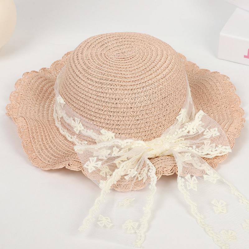 Сладкая соломенная шляпа с кружевным бантом, уличная шляпа от солнца с большими полями, модная соломенная шляпа с кружевной лентой и защитой от УФ-лучей