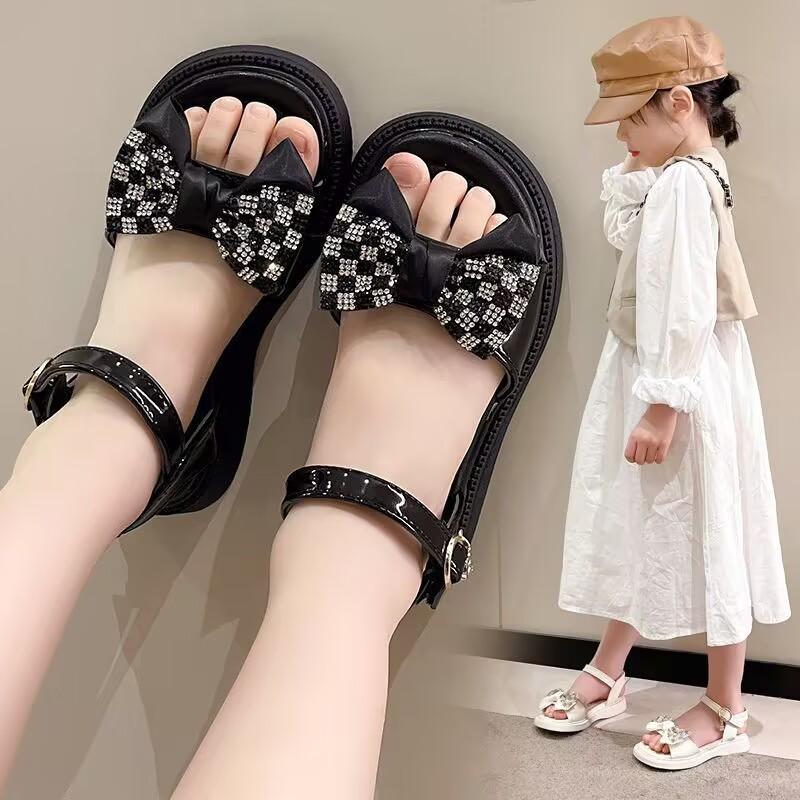 Children's Sandals Open Toe Pleated Solid Casual Girls' Square Toe 2024 Children's Fashion Wedding Party New Sandals