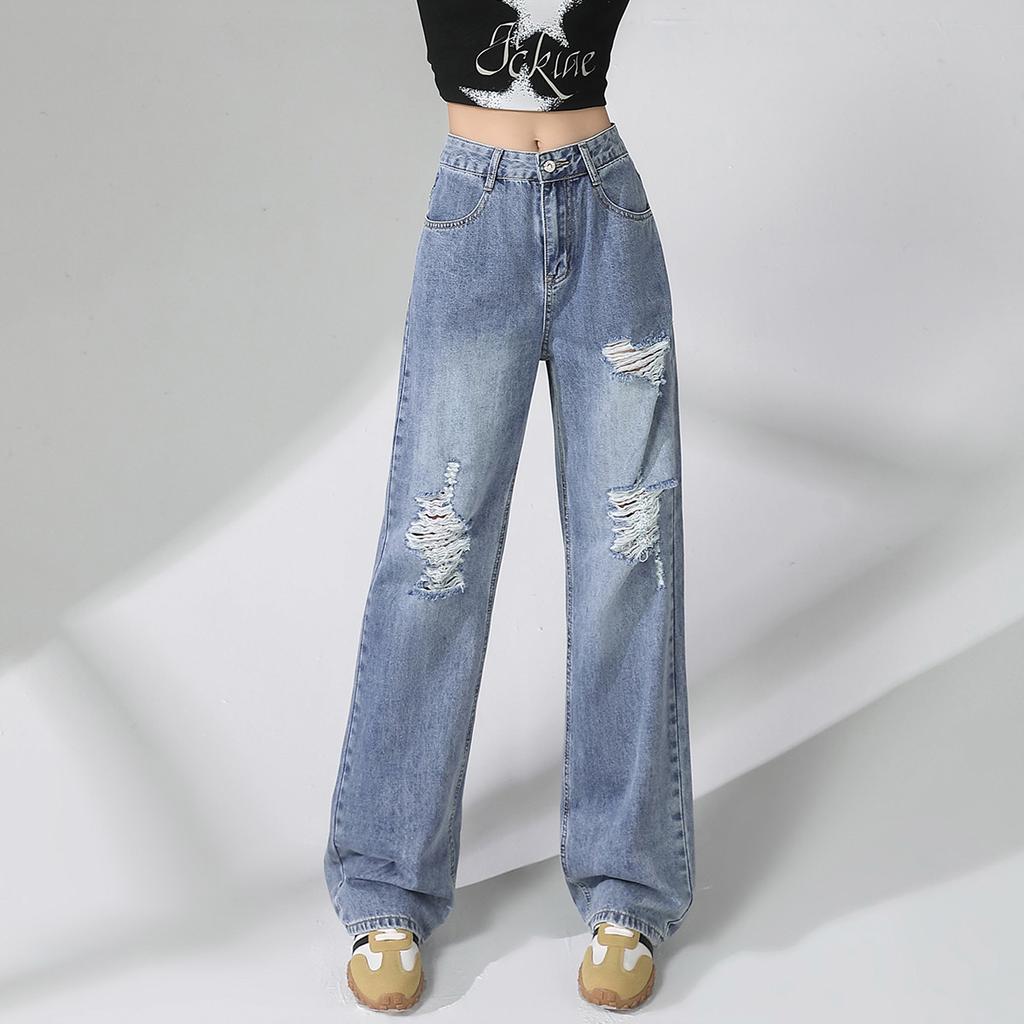 Spring and summer fashion ripped wide leg jeans with loose fit, high waist, slimming effect, retro fashion straight leg pants