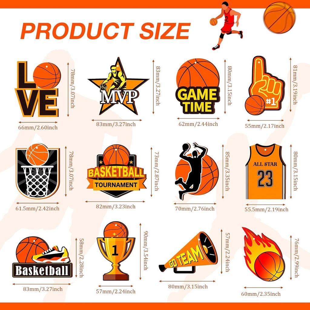 24 Pcs Basketball Wooden Ornament Basketball Cutout Wood DIY Crafts Wooden Hanging Ornaments with Twines for Party Decoration