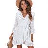 Spring Summer European American Style Hollow Out V-neck Long Sleeve High Waist Elegant Commute White Dress