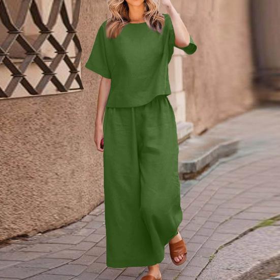 2 Pcs/Set Women Top Pants Set Round Neck Solid Color Short Sleeves T-shirt Adjustable Waist Wide Leg Trousers Casual T-shirt Trousers Set