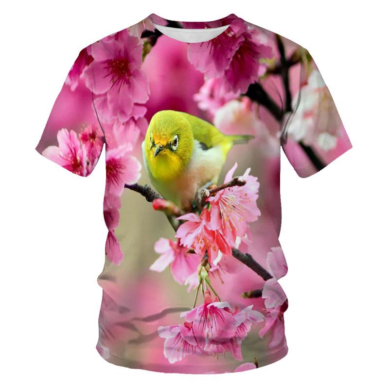 3D Print T-Shirt Colorful Wild Birds On Tree Branch Nature Scene Graphic Short Sleeve Casual Tee Top