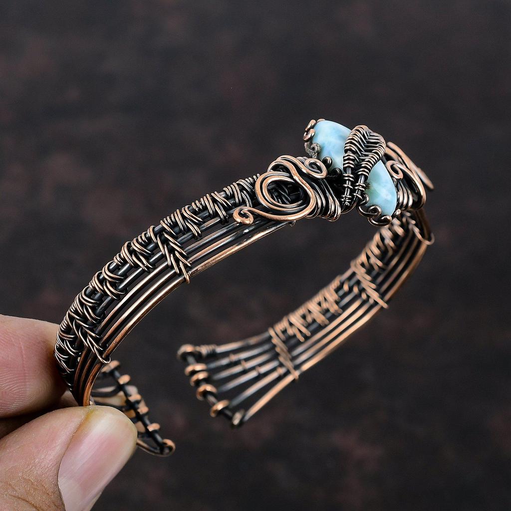 Larimar Cuff Bracelet Copper Wire Wrapped Adjustable Cuff Gemstone Bangle Copper Wire Jewelry Gift For Her Handmade Designer Cuff Bracelet