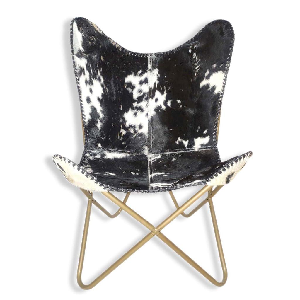Черно-белые волосы на кожаном кресле-бабочке - удобное кресло-бабочка для гостиной с подлокотниками - с железной подставкой с золотистым порошковым покрытием