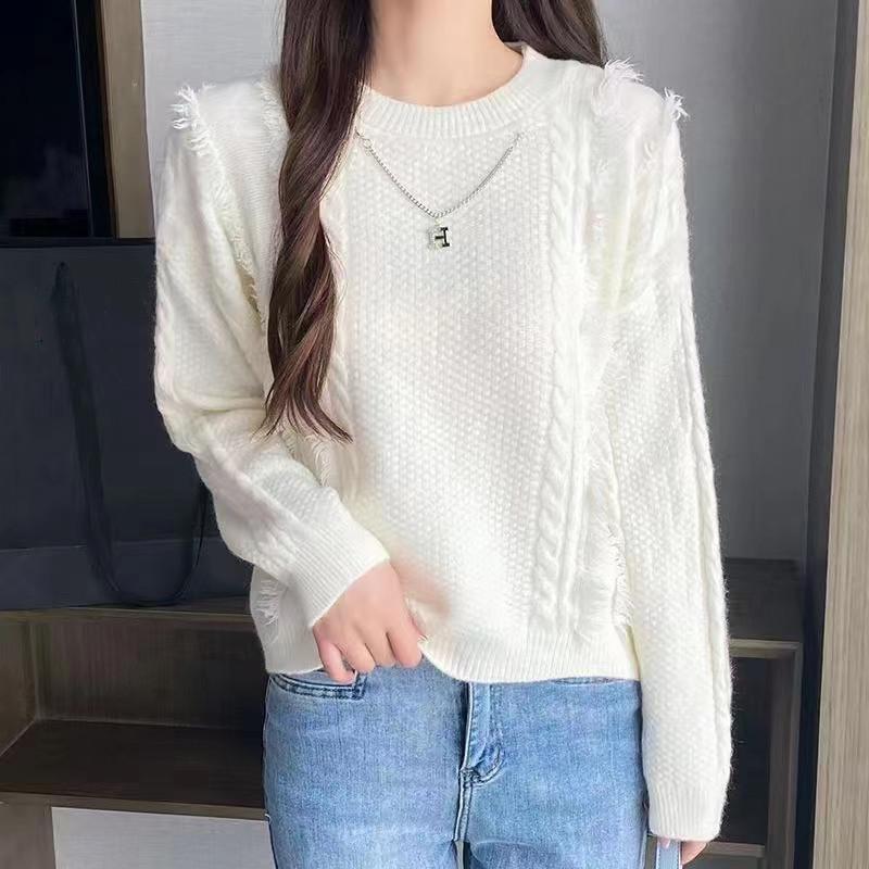 Осень и зима 23 новый женский вязаный свитер с круглым вырезом модный дизайн чувство бахрома короткий длинный рукав свободный свитер женщины