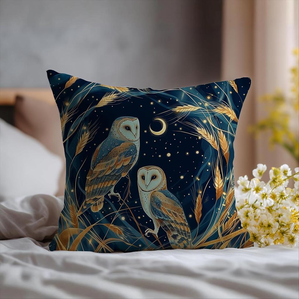 Decorative Owl Pair Night Forest Pillowcase Celestial Moon Boho Wildlife Art Print Cover Cushion Pillowcase Home Decor Gift