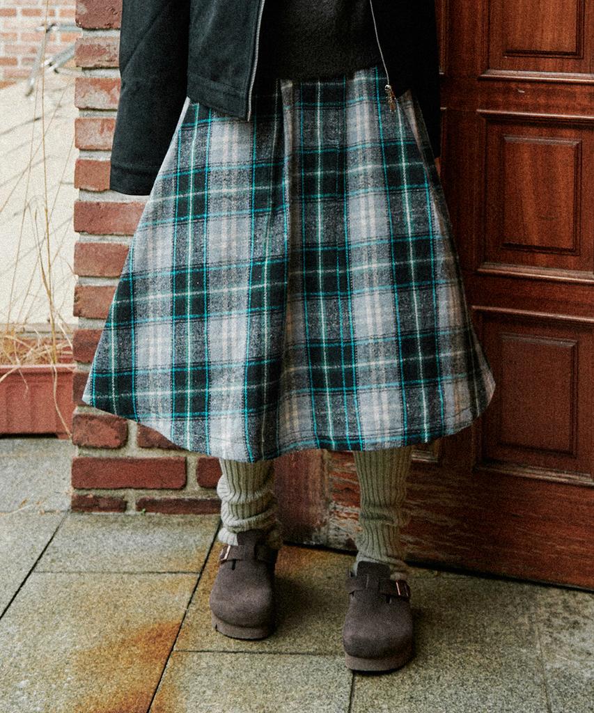 Belloel Check Pleated Midi Long Skirt Black