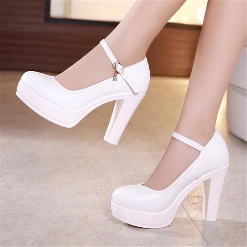 Block Heel Platform Pumps Women Shoes Black High Heels Shoes Ladies Elegant Office Shoes White Red Wedding Party Shoes Size33-43
