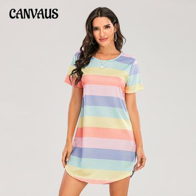 Женское летнее свободное пижамное платье в радужную полоску с короткими рукавами больших размеров