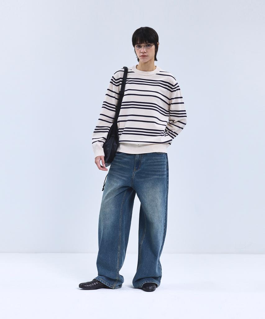 IRONYPORNO WHITELINE 86-Iroj368 Classic Small Stripe Long Sleeve Knit Beige