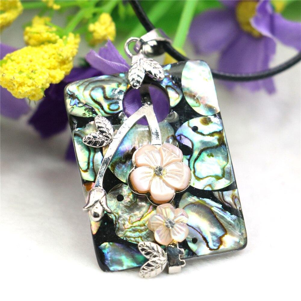 30X40mm Square Flower Leaf Mirage Natural Abalone Sea Pearl Shells Pendants Necklace Alloy Black Rope Chain Women Girls Jewelry