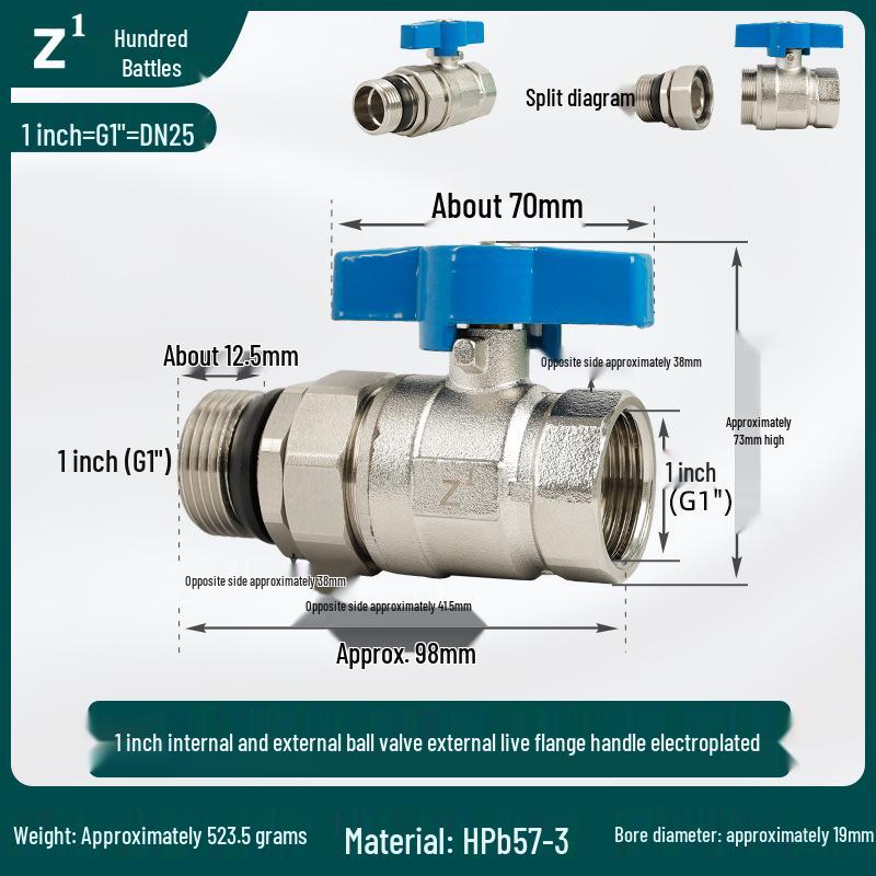 1-Inch Full Copper Quick Connect Ball Valve, Male/Female, Thickened DN25, for Underfloor Heating and Water Pipes.
