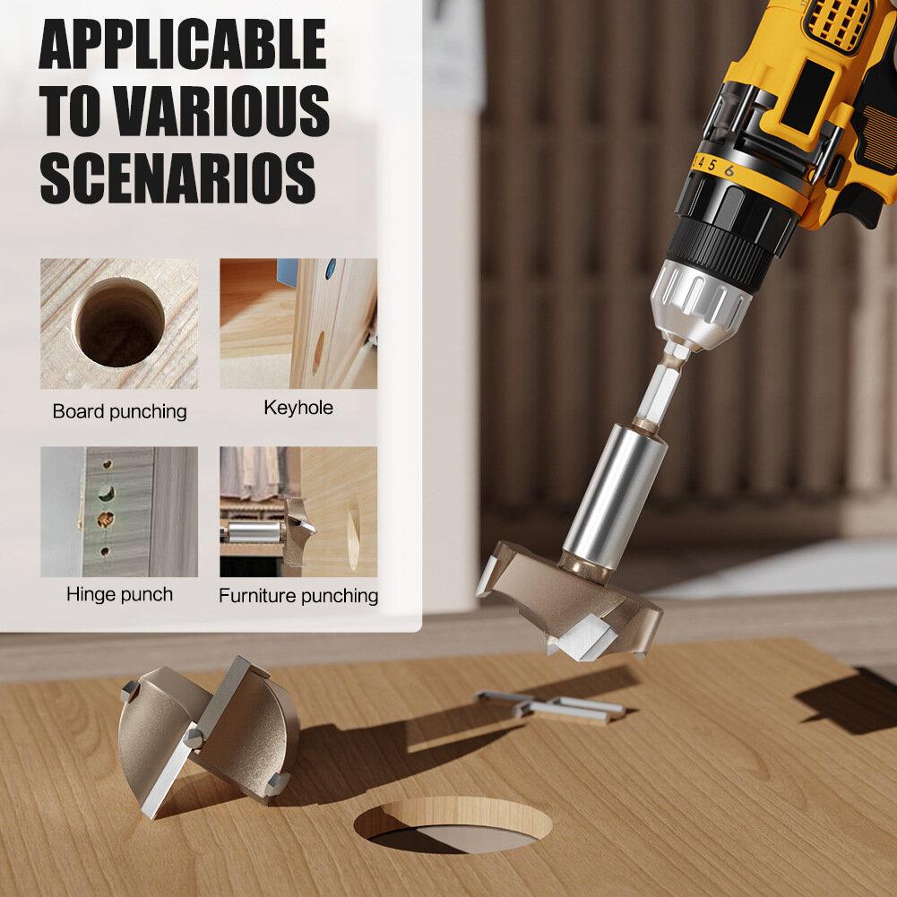 10mm to 50mm Professional Hexagonal Shank Woodworking Hinge Boring Bit Tungsten Carbide Blade Three-Tooth Double Blade Design