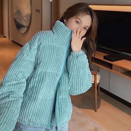 Women's Winter Jacket Corduroy Puffer Short Down Jacket Warm Quilted Cotton Coat Stand Collar Outerwear for