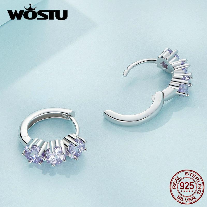 WOSTU 925 Sterling Silver Purple Zircon Stacked Star Ear Buckles Lavender Flower Hoop Earrings for Women Elegant Fine Jewelry