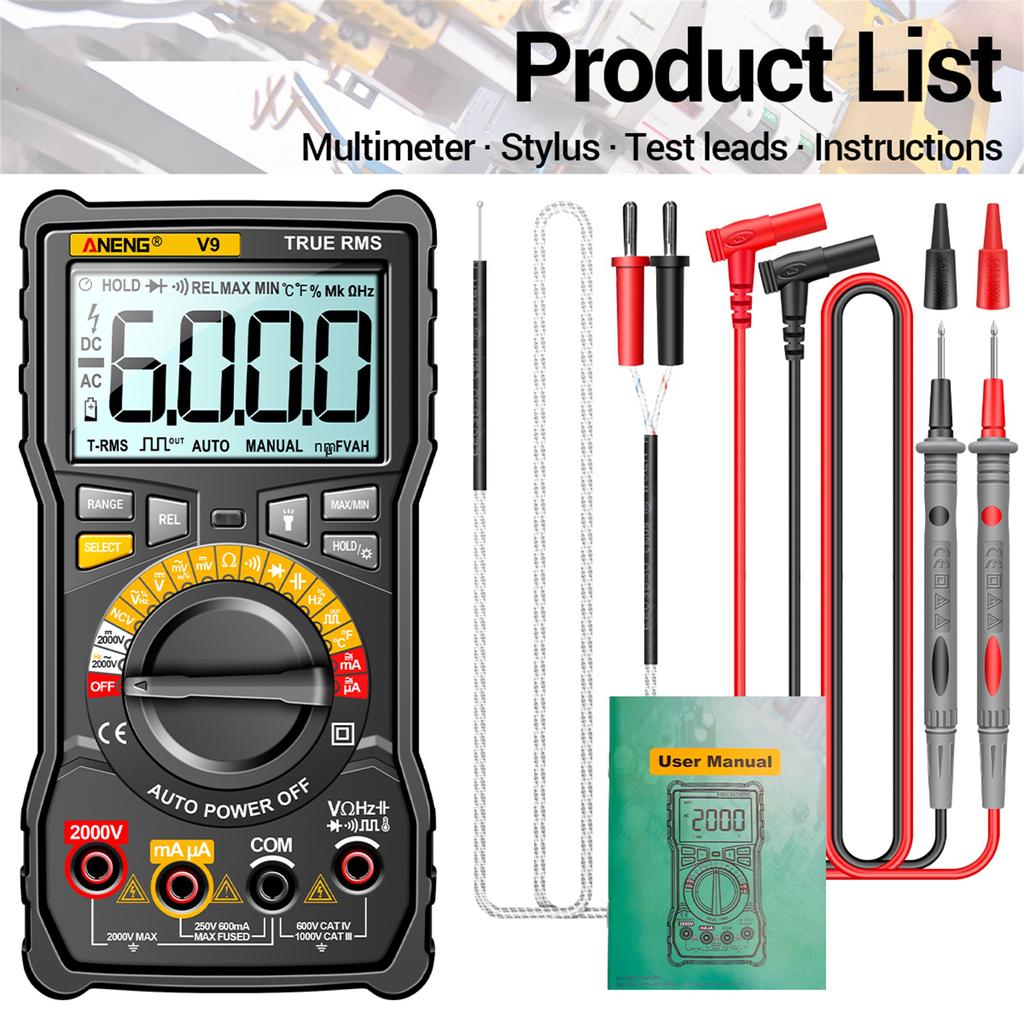 Цифровой мультиметр ANENG V9, 6000 отсчетов, 2000 В, конденсаторный вольтметр, вольтметр, амперметр ACDC