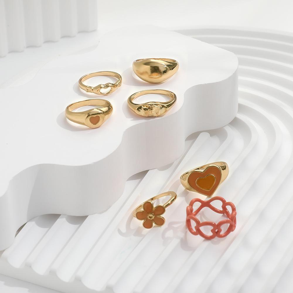 Women's Orange Heart Flower Enamel Ring Set Vintage Gold Statement Stackable Midi Knuckle Rings for Summer Beach Party