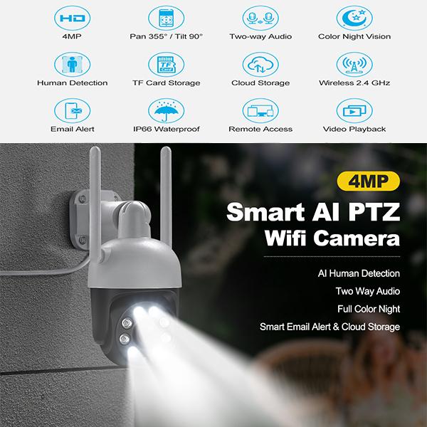 Techage 4MP PTZ WIFI IP Camera Speed Outdoor Wireless AI Security Surveillance IP Camera Full Color Night Two Way Audio ONVIF