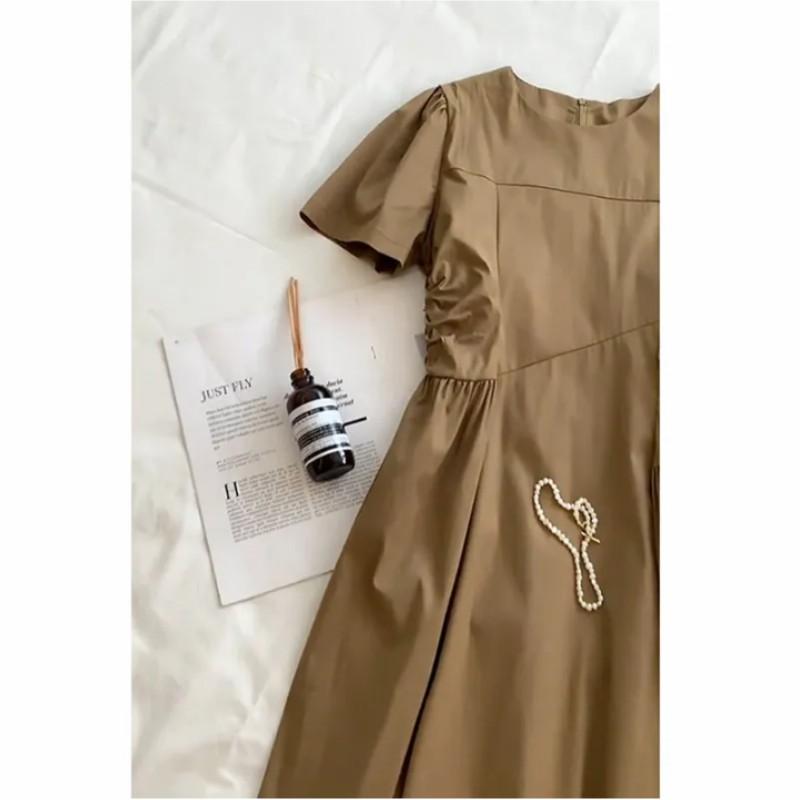 Женское летнее однотонное элегантное платье с круглым вырезом, простые длинные платья для поездок на работу