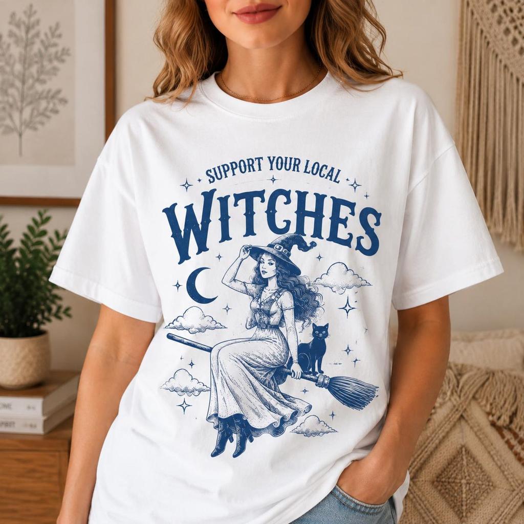 Support Your Local Witches Shirt, Funny Halloween Graphic Tee, Retro Witch T-Shirt, Spooky Season Party Top, Witchy Gift for Her