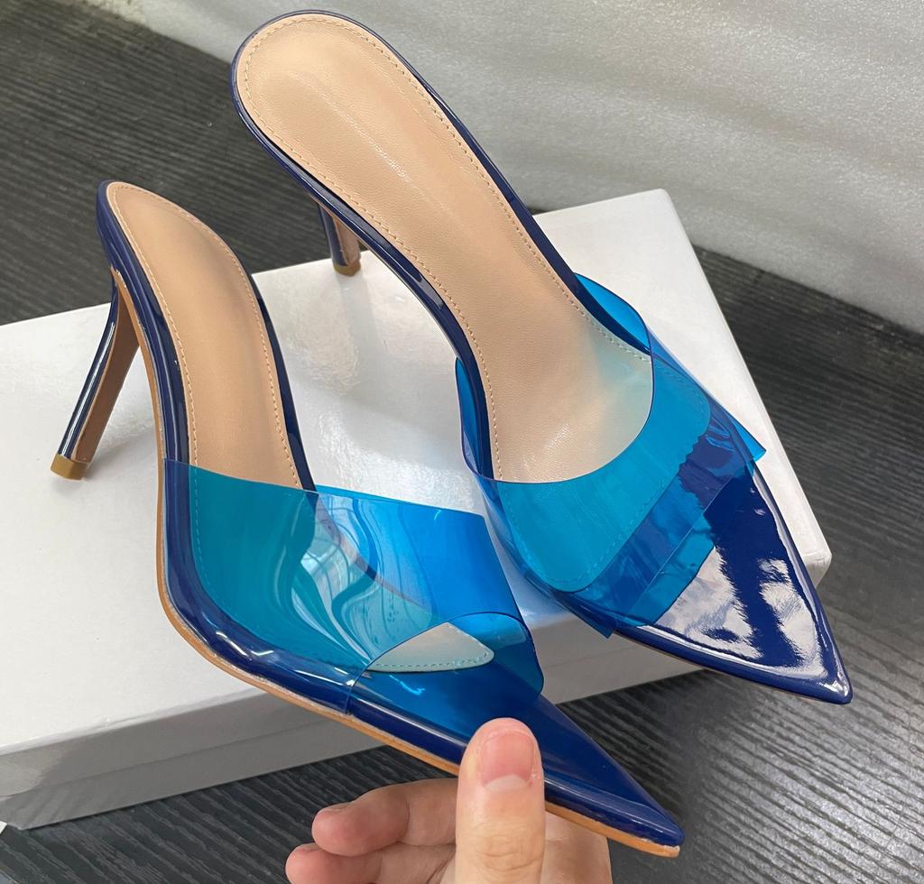 Transparent high-heeled cool slippers for women in the summer of 2025, new fashion, thin heels, pointed heads, sexy open toes, and one-word drag for o