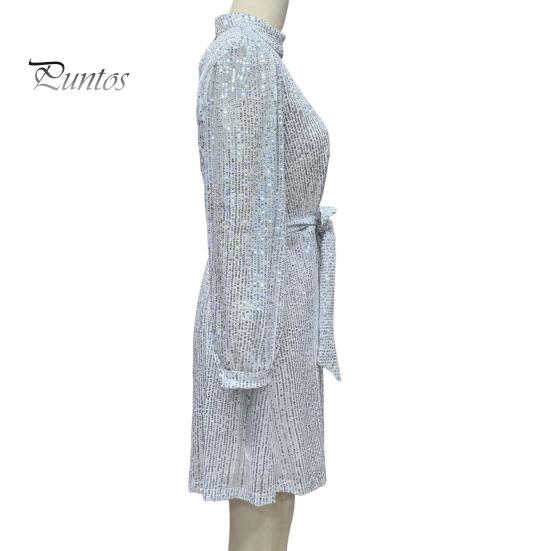 Женское платье со шнуровкой и блестками, короткое платье с круглым вырезом и длинными рукавами, однотонное весенне-осеннее платье с поясом на талии для вечеринок, свадеб, клубов, баров