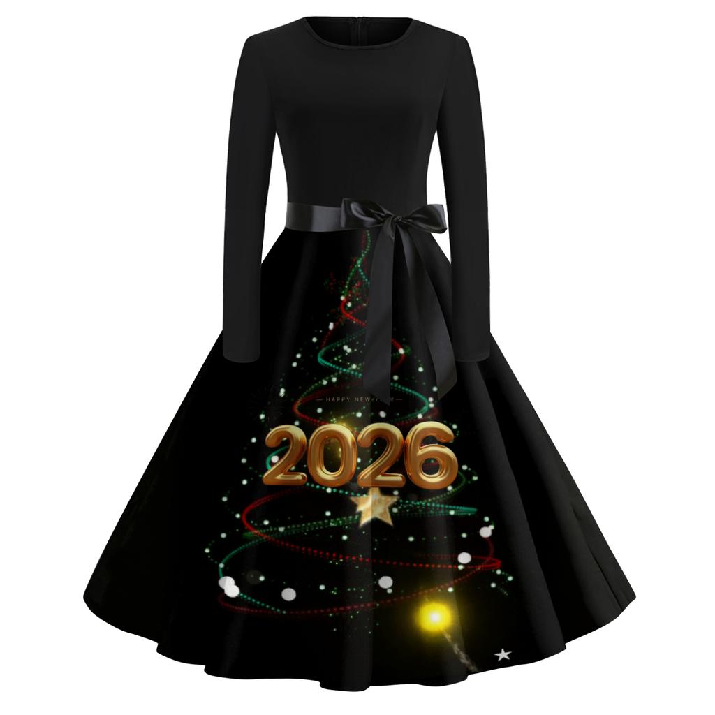 Женское повседневное модное платье с круглым вырезом и длинным рукавом с новогодним принтом в ретро-стиле