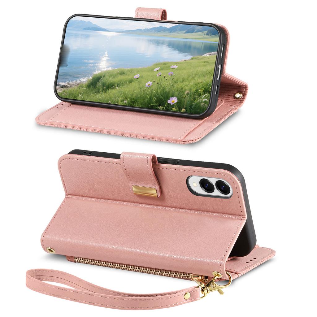 Для Samsung Galaxy S25 Чехол-бампер Цветочный узор с листьями Множество слотов для карт Молния Кожаный чехол для телефона с ремешком на запястье