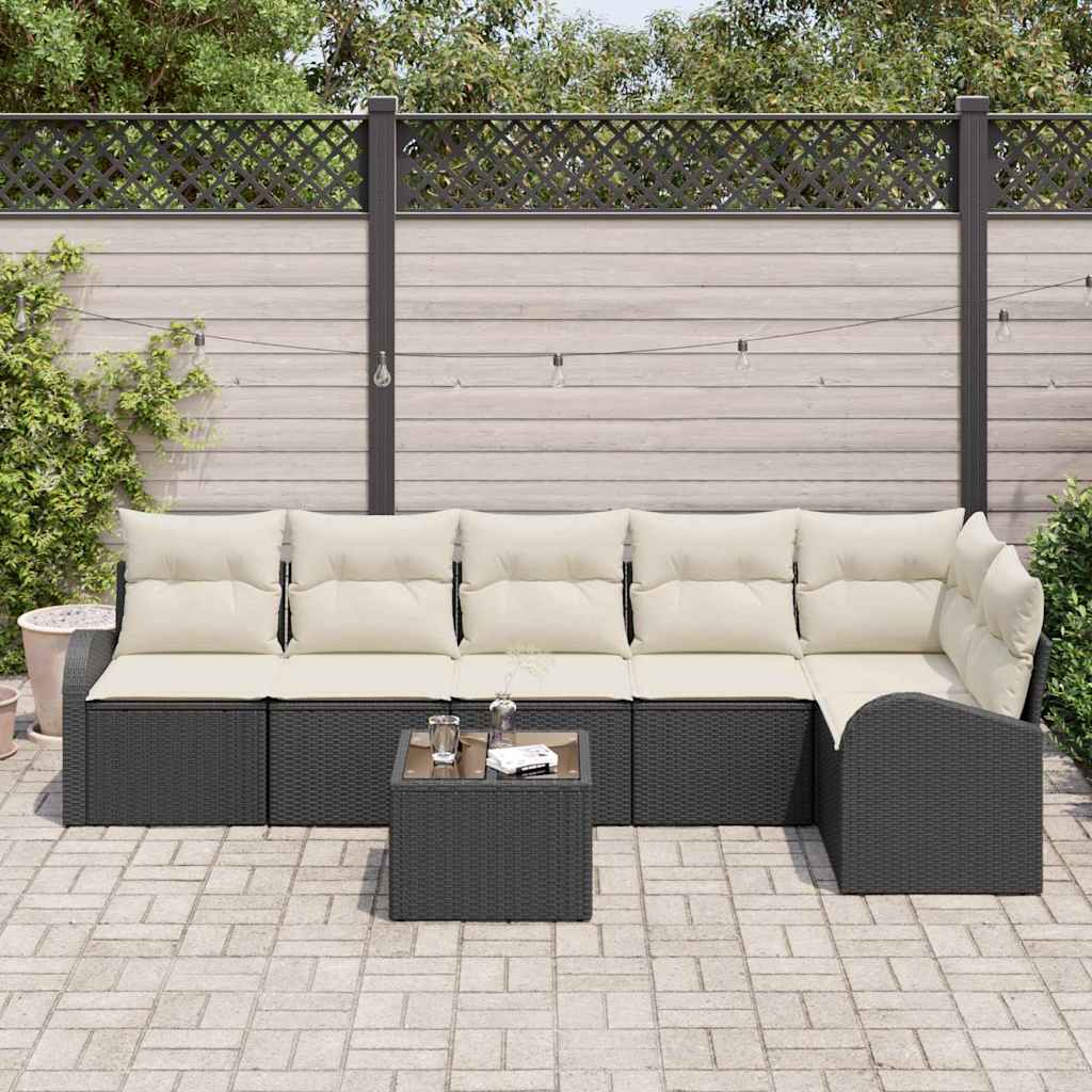 7 Piece Garden Sofa Set with Cushions Black and White Poly Rattan