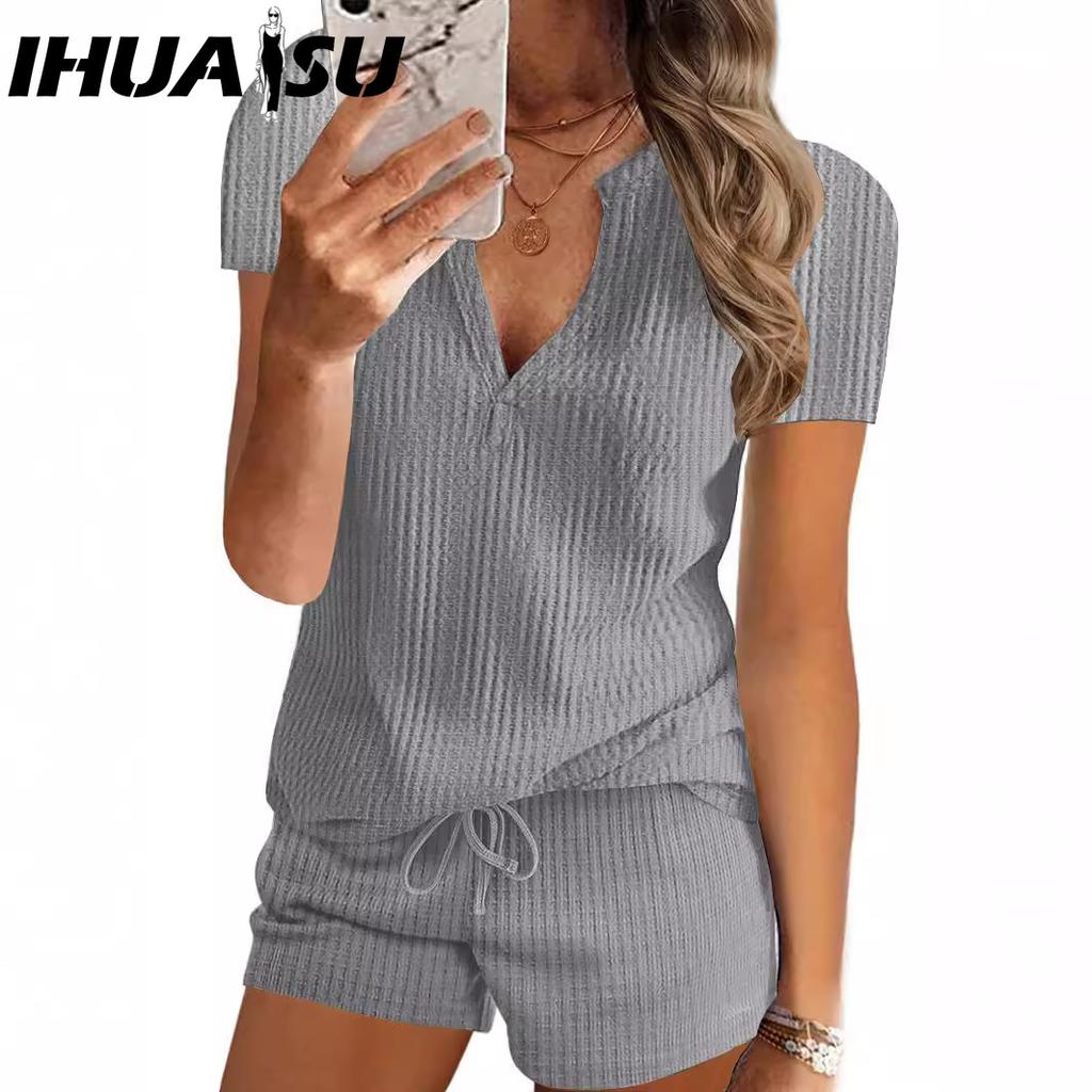 IHUASU Women's Fresh Sweet Fashion Casual Solid Color Summer V-neck Short-sleeved Shorts Set