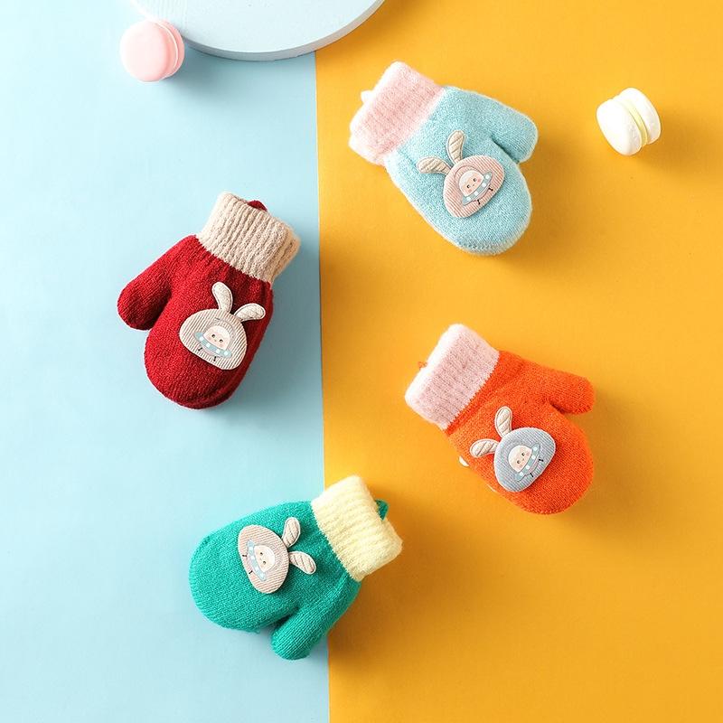 Cute Cartoon Children Gloves Thicken Kids Plush Fingerless Gloves 0-3year Toddler Hanging Neck Mittens Baby Winter Hand Warmer