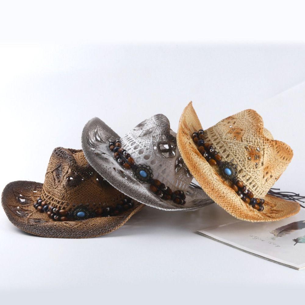 Retro Wide Brim Western Cowboy Hat Beads Ethnic Style Sunscreen Straw Hat Breathable Hollow Out Sun Hat Summer